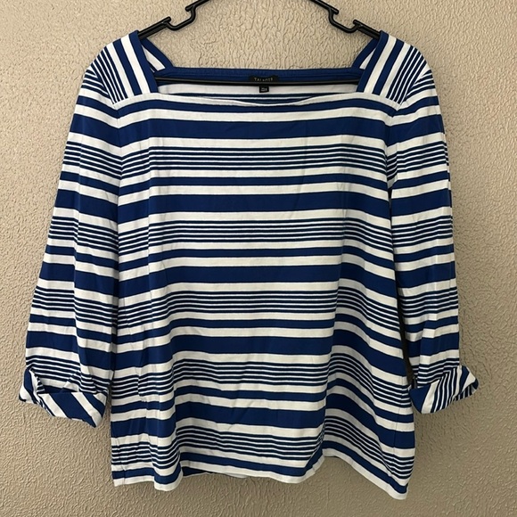 Women’s Talbots Stripe Blue/White Top XLp 100% Cotton Quarter Sleeve Boat Neck - Picture 1 of 5